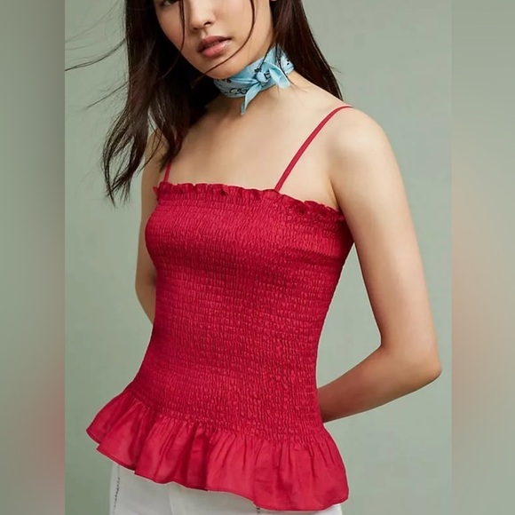 Maeve by Anthropologie Raspberry Pink Smocked Peplum Tank Top Blouse SIZE LARGE - Picture 2 of 8